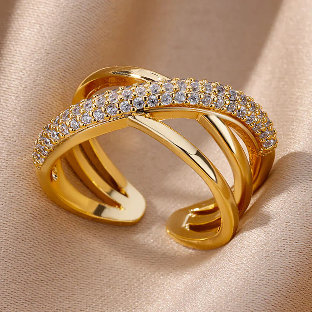 18K Gold-plated Full Diamond Titanium Steel Colorfast Open Ring For Women