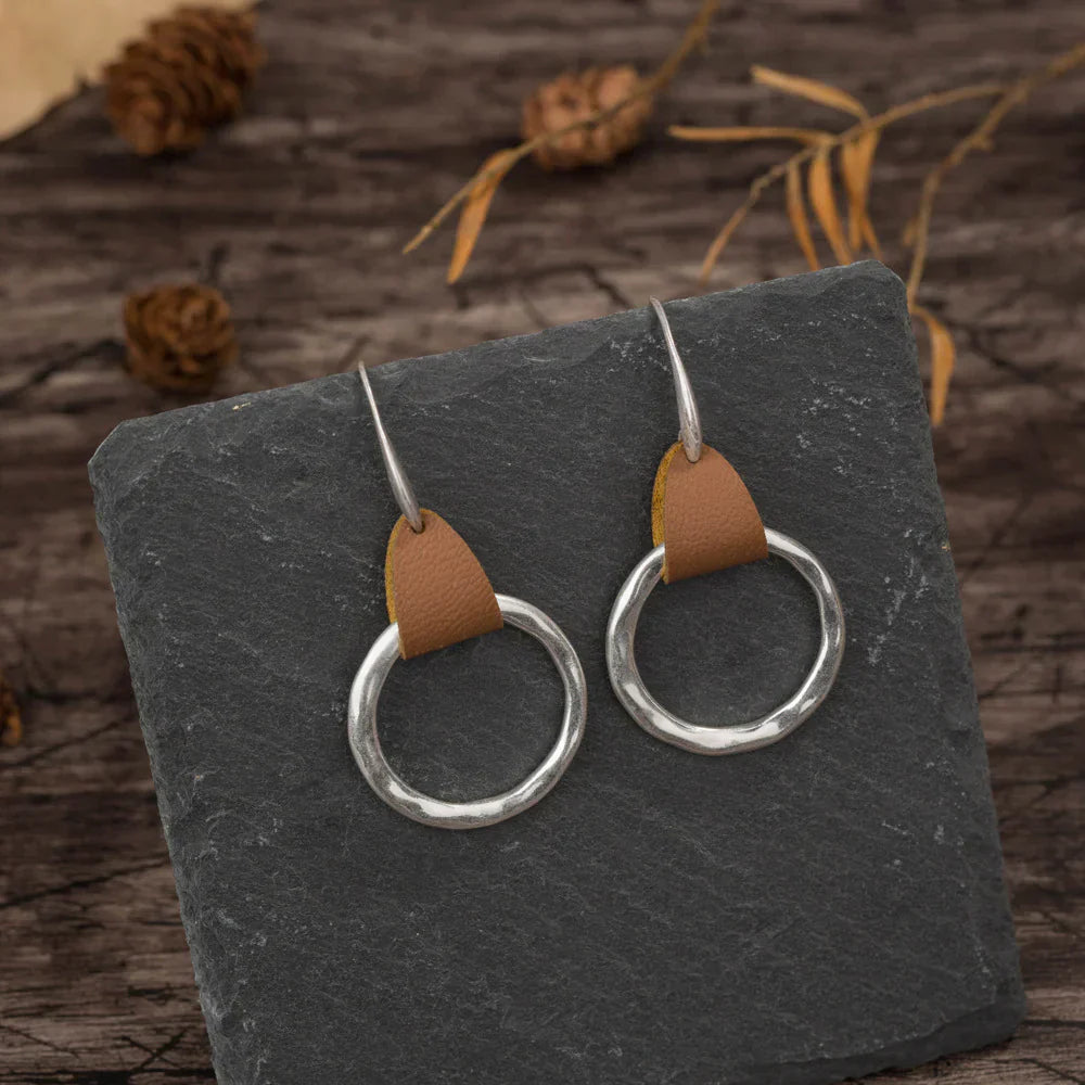Simple Fashion Brown Leather Stitching Round Ring Earrings