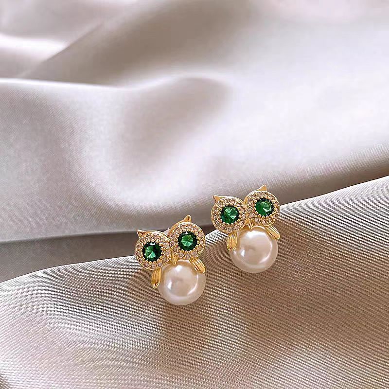 Owl Zircon Pearl Stud Earrings Female Design